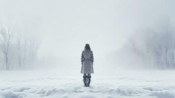 jung Frau Stehen im neblig Natur Blick in das Entfernung hat verloren im habe gedacht zurück Aussicht frisch Fußabdrücke im tief Schnee kühl Winter Tag foto