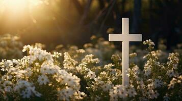 Frühling Blüten Wald Sonnenuntergang und Christian Kreuz foto