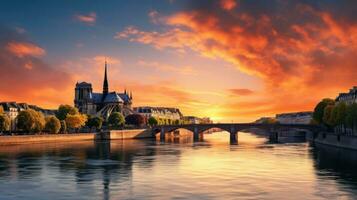 das Sonnenaufgang Über Paris s Seine Fluss und alt Stadt, Dorf ist ein atemberaubend Sicht mit das ikonisch notre Dame de Paris im das Horizont foto