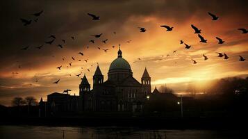 Galway Kathedrale Silhouette gegen dunkel Himmel Vögel im Luft berühmt Tourist Attraktion im Irland foto