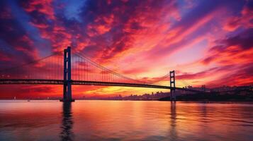 Herrlich Sonnenaufgang Landschaft im Istanbul mit bunt Wolken Istanbul s Bosporus Brücke 15 Juli Märtyrer Brücke foto