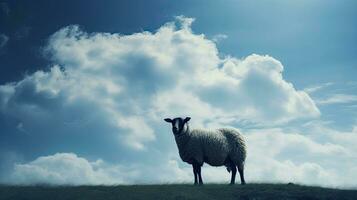 ein einsam Schaf Silhouette gegen ein teilweise wolkig Himmel mit reichlich leeren Raum foto