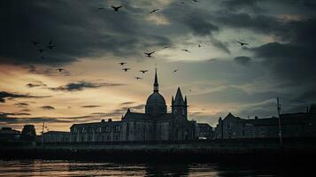 Galway Kathedrale Silhouette gegen dunkel Himmel Vögel im Luft berühmt Tourist Attraktion im Irland foto