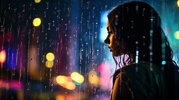 Regentropfen auf ein verschwommen Silhouette von ein Mädchen durch ein Glas Fenster auf ein Stadt Straße nach Regen mit bunt Neon- Bokeh Beleuchtung foto