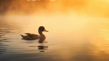 Ente Schwimmen auf nebelig Teich beim Sonnenaufgang friedlich Umfeld foto