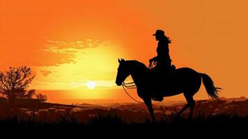 Silhouette von ein Pferd Fahrer während Sonnenuntergang foto