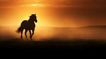 silhouettiert arabisch Pferd gegen Sonnenaufgang im dicht Nebel foto