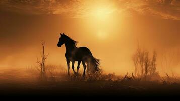 Sepia getönt nebelig Sonnenaufgang mit Pferd Silhouette foto