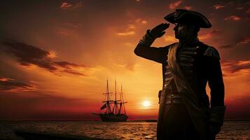Kapitän silhouettiert gegen Sonnenuntergang im ein Digital zusammengesetzt foto