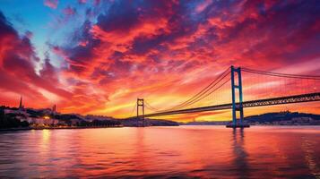 Herrlich Sonnenaufgang Landschaft im Istanbul mit bunt Wolken Istanbul s Bosporus Brücke 15 Juli Märtyrer Brücke foto