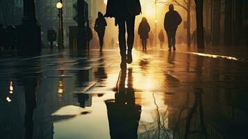 undeutlich Silhouetten von Menschen Gehen auf ein nass Stadt Straße auf ein regnerisch Frühling Tag foto