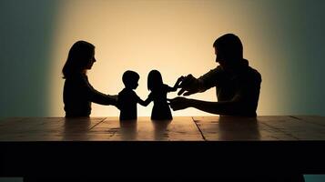 Familie Pflege symbolisiert durch Hände und Papier Silhouetten auf ein Tabelle foto