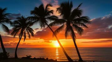 Palme Bäume Silhouette gegen ein atemberaubend Hintergrund von ein tropisch Sonnenuntergang Strand foto