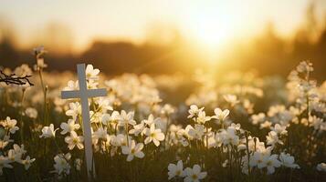 Frühling Blüten Wald Sonnenuntergang und Christian Kreuz foto