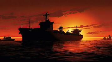 Sonnenuntergang Silhouette von ein Ladung Schiff foto