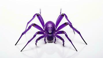 schließen oben Makro Schuss von ein Blau violett Spinne mit lange Beine geben ein Grusel Stimmung isoliert auf ein Weiß Hintergrund foto