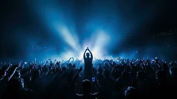 Sänger durchführen auf Bühne im verpackt Stadion mit hell Beleuchtung und Fans halten oben Telefone foto