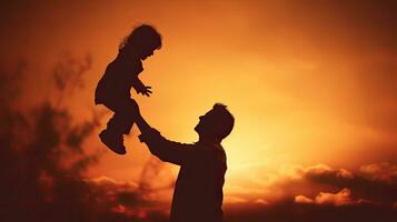 Elternteil mit Kind auf Schultern beim Sonnenuntergang mit Jahrgang instagram Filter foto