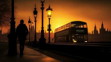 sanft gotisch Strassenlicht auf Westminster Brücke gerahmt durch verschwommen London Bus und Person inmitten Fading Sommer- Sonnenuntergang foto