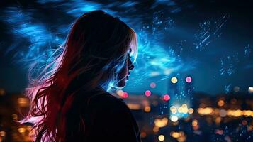 verschwommen Stadt Beleuchtung Hintergrund mit ein Mädchen s dunkel Gliederung foto