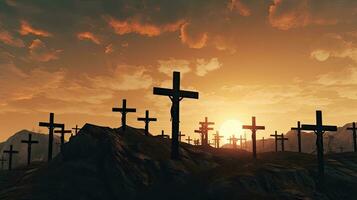 Kreuze auf Hügel beim Sonnenuntergang symbolisieren Jesus Kreuzigung foto