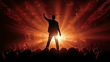 männlich Sänger s Silhouette beleuchtet durch Bühne Beleuchtung beim ein Felsen Konzert foto