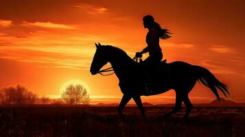 silhouettiert Sport Mädchen auf zu Pferd im Landschaft gegen ein Sonnenaufgang Hintergrund foto