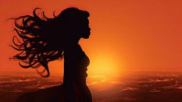 Mädchen s Silhouette steht aus gegen das Sonnenuntergang foto