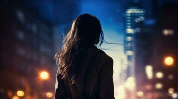verschwommen Stadt Beleuchtung Hintergrund mit ein Mädchen s dunkel Gliederung foto