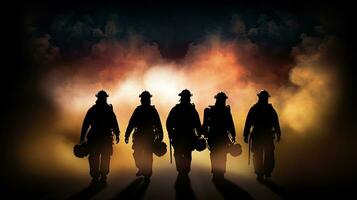 Feuerwehrleute mit Taschenlampen auf ihr Truhen Gehen Weg von Rauch foto