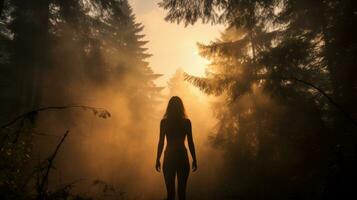 Frau s Silhouette im Morgen Nebel inmitten Bäume foto