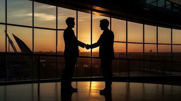 zwei Geschäftsleute einverstanden auf ein Deal beim Sonnenuntergang auf das Fußboden foto