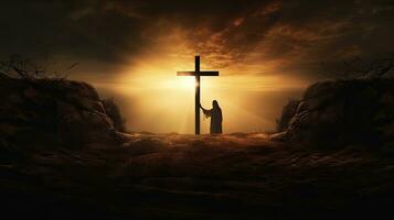 Sonnenaufgang offenbart leeren Grab mit Kreuzigung Auferstehung s Licht foto