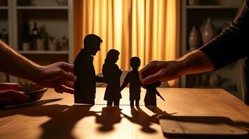 Familie Pflege symbolisiert durch Hände und Papier Silhouetten auf ein Tabelle foto