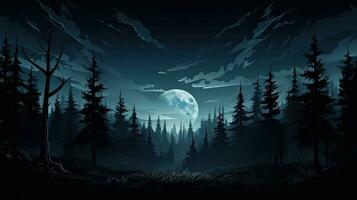 Halloween Wald mit Fichte Bäume unter ein mysteriös voll Mond foto