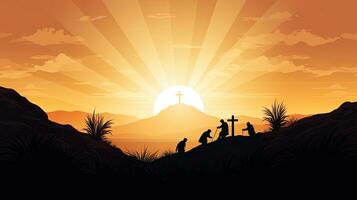 Auferstehung leeren Grab mit Kreuze beim Sonnenaufgang foto