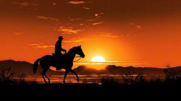 Silhouette von ein Pferd Fahrer während Sonnenuntergang foto