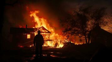 Silhouette von Feuerwehrmann im Vorderseite von lodernd Haus foto