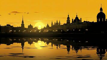 Moskau Sonnenuntergang mit Silhouetten von berühmt Gebäude reflektiert im das Fluss farbig im schwarz und Gelb foto