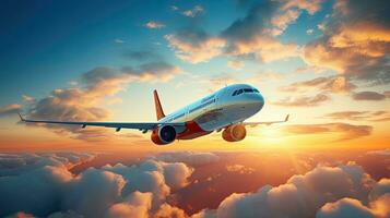 kommerziell Flugzeug Jetliner fliegend über dramatisch Wolken im schön Sonnenuntergang Licht Reise Konzept foto