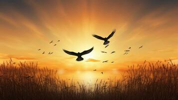 Silhouette Kreuz und Vögel fliegend im Herbst Sonnenaufgang Wiese Hintergrund von Vielen Dank geben Konzept foto