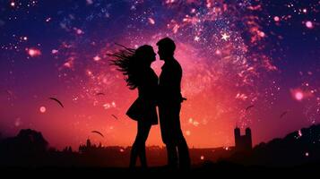 Valentinstag Paar mit Feuerwerk im das Hintergrund foto