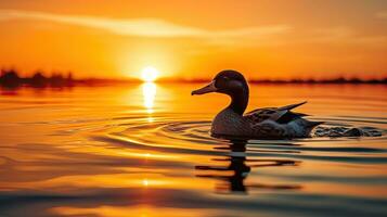 hoch Qualität Foto von ein Ente s Silhouette im Wasser während Sonnenuntergang