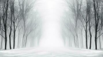 hoch Qualität Foto von ein schneebedeckt Straße Aussicht durch ein alt Wald mit schwarz Baum Silhouetten und ein Weiß Schnee Hintergrund im Winter