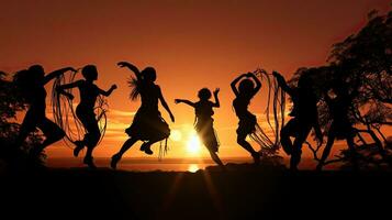 Gruppe Tanzen beim Sonnenuntergang im Silhouette foto
