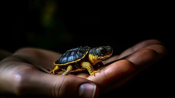 Palangka raya Indonesien 04 kann 2021 das winzig Amboina Box Schildkröte ein Süd-Ost asiatisch Spezies hat ein klein Größe ähnlich drei Finger mit ein auffällig dunkel schwarz Farbton und Vibra foto