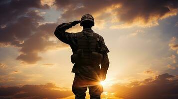 Soldat Silhouette salutieren beim Sonnenaufgang Symbolismus Verteidigung National Loyalität Respekt foto