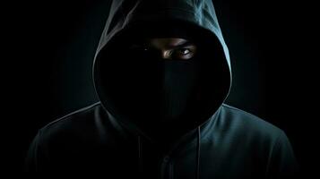 Leise Zahl im Kapuze auf dunkel Hintergrund verborgen Gesicht symbolisieren Kriminalität Geheimnis Geheimhaltung und Anonymität foto