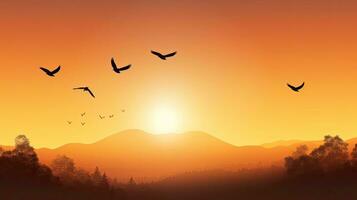 Welt Umgebung Tag Symbol Vögel fliegend beim Dämmerung Über Herbst Landschaft foto