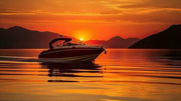 golden Sonnenuntergang Foto mit ein Geschwindigkeit Boot Silhouette schwebend auf das Sonne Betrachtung gefangen während das Abend